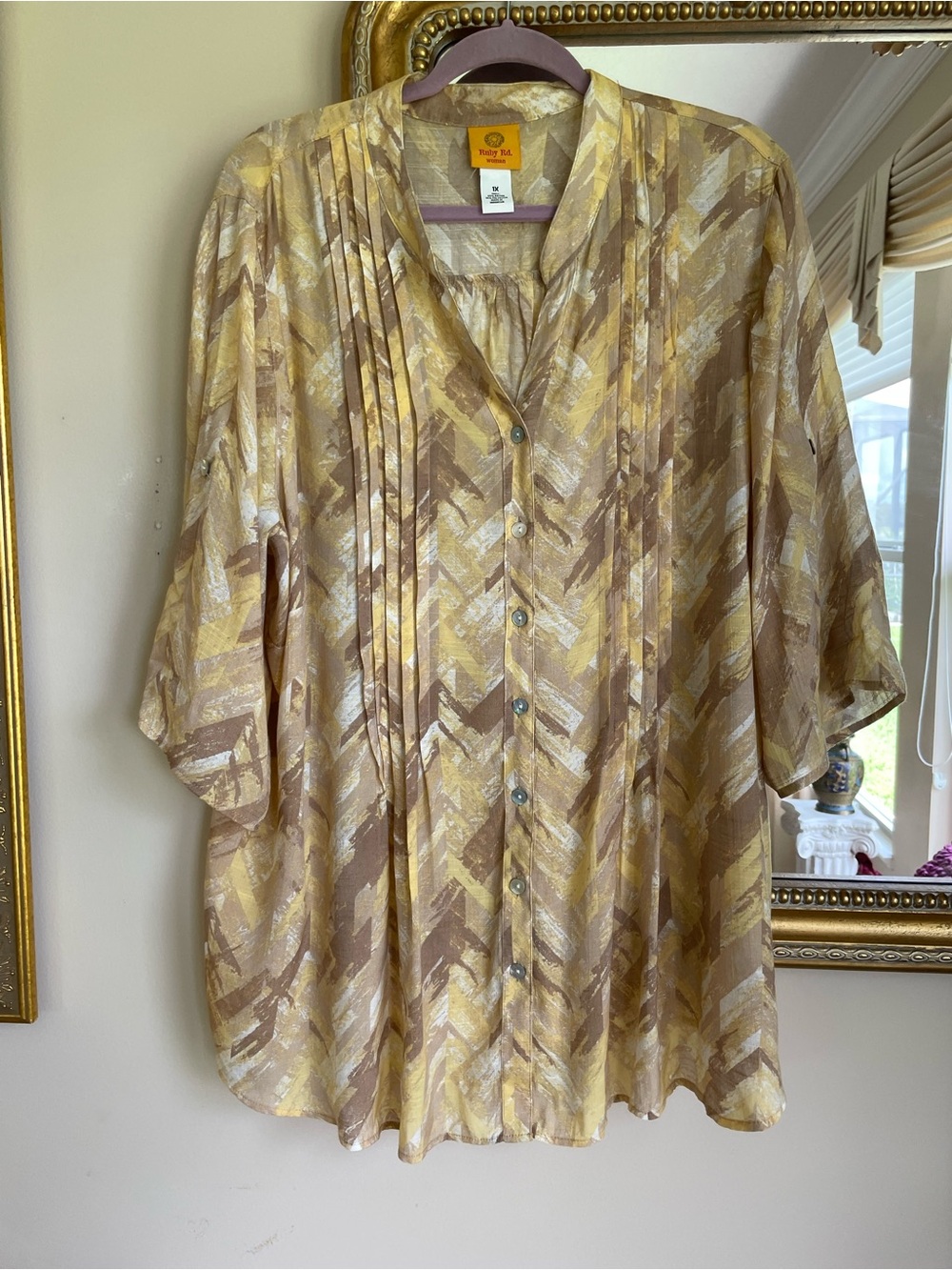 Poly Rayon Semi Sheer Button Pleated Loose Fit Blouse 1X